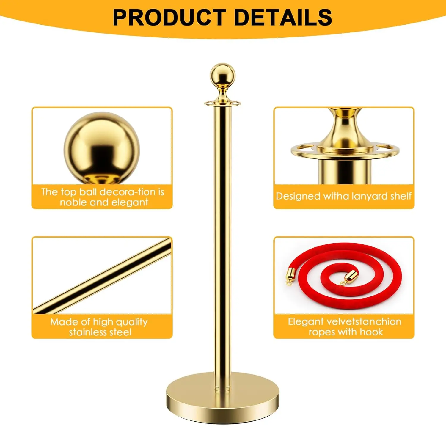 8 PCS Stainless Steel Stanchion Post Queue 5 ft Red Velvet Rope Red Carpet Ropes and Poles Crowd Control Barriers for Red 5