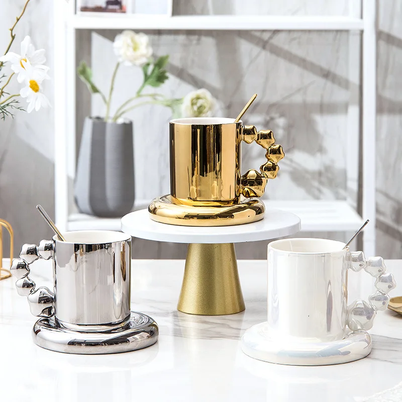 

Luxury Gold Silver Coffee Cup and Saucer Porcelain Creative Star Cup Saucer Nordic Ceramic Tea Cup Mug Set Wedding Birthday Gift