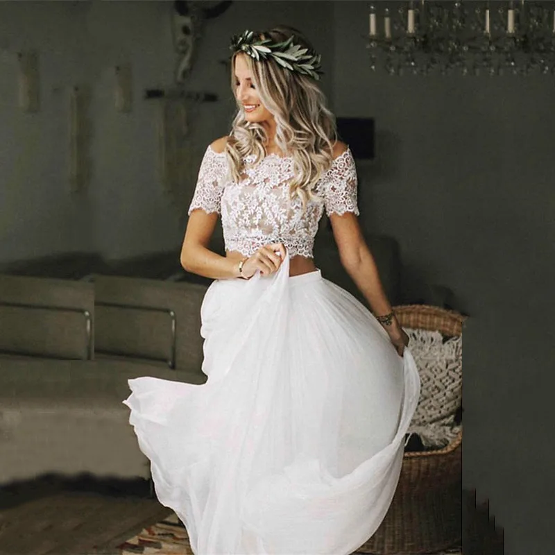 

On Zhu Charming Boho Lace Wedding Dresses Two Pieces Beach Wedding Dresses 2023 Bridal Gowns Short Sleeves vestidos de novia