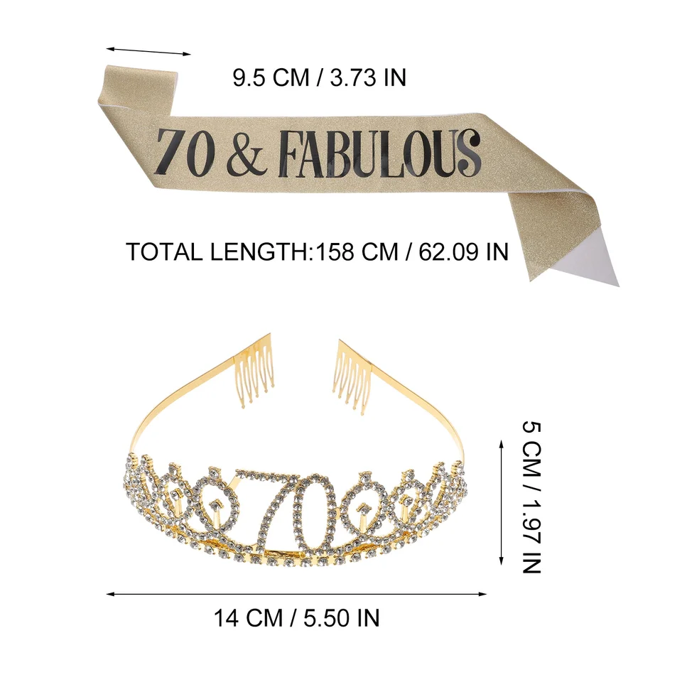 Couronne Et Ceinture Anniversaire '70 Ans' - Diadème Strass Et Ceinture En Satin - Cadeau Femme