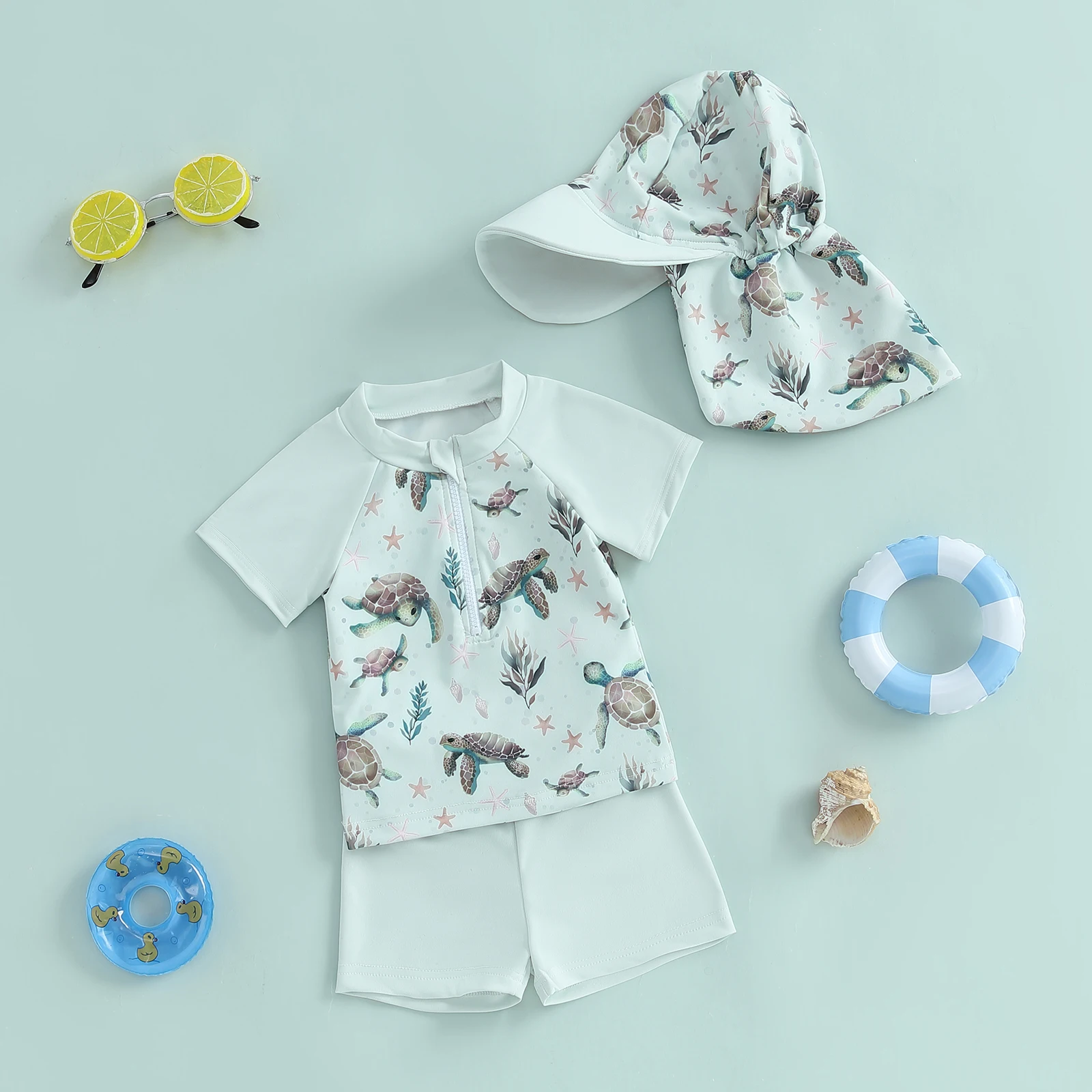 Infant Baby Boy Rash Guard Causal 3Pcs Whale/Turtle Print Short Sleeve Zip Tops with Shorts and Swim Hat Swimsuit Kid Beachwear kids swimsuits