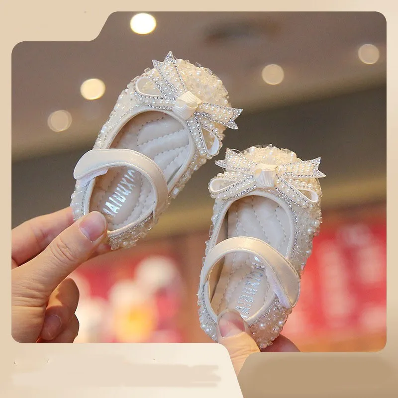First Walker Baby Shoes Girl Bowknot Single Shoes Pearl Birthday Present Princess Little Girl Shoes Baby Kids Wedding Shoes 4