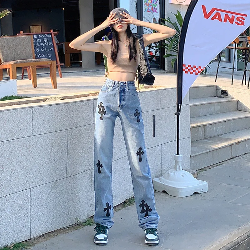 Y2K women's jeans European and American high street cross jeans  hip-hop tide brand straight loose wide-leg pants jeans women