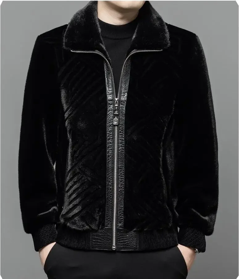 

Autumn and Winter Faux Mink Fleece Trendy Top Fur Men's High End Coat Casual Middle Aged Youth Jacket Black
