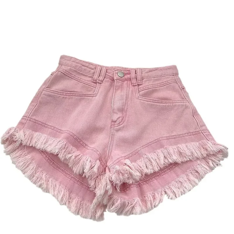 2024 High-Waisted Slimming Denim Shorts Fringed White Hot Pants Summer Style New Design Wide-Leg Cotton Pants For Women 5