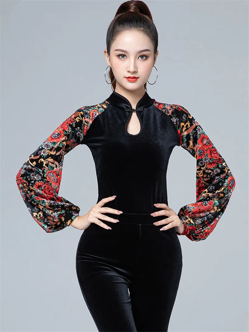 

New Latin Dance Practice Clothes Women Jumpsuit Mesh Black Printing Body Suit Models Catwalk Training Clothes With Hidden Button