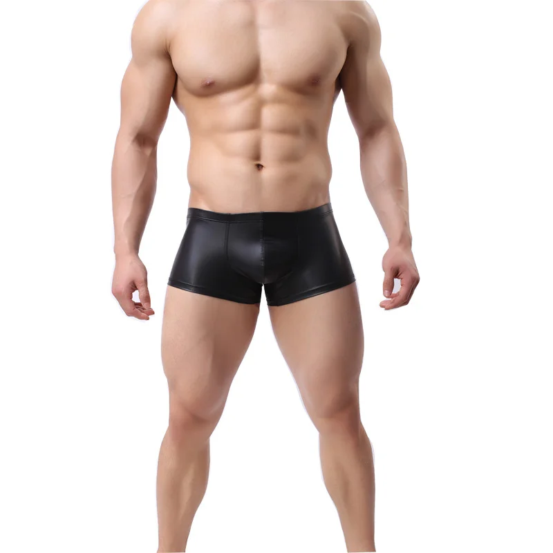 Men's boxer briefs, nightclub models, sexy leather, low waist, erotic arm-raising leather boxers
