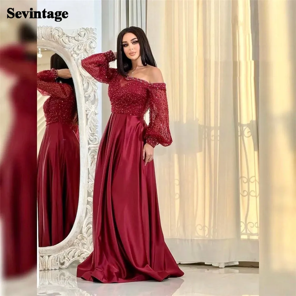 

Sevintage Elegant A-Line Prom Dress Off The Shoulder Long Puff Sleeve Sequined Ruched Floor Length Evening Dress robes de soirée