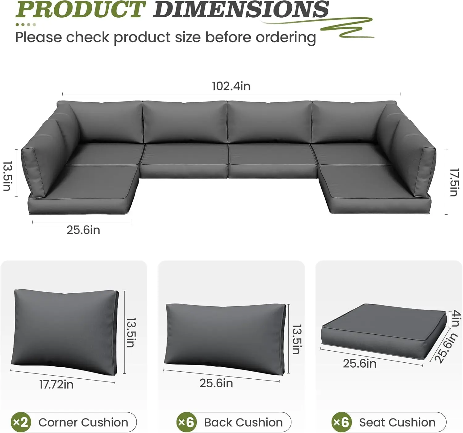 Outdoor Cushions for Patio Furniture Replacement, Patio Furniture Cushions, Patio Seat Cushions for Outdoor Sectional (Grey) 2