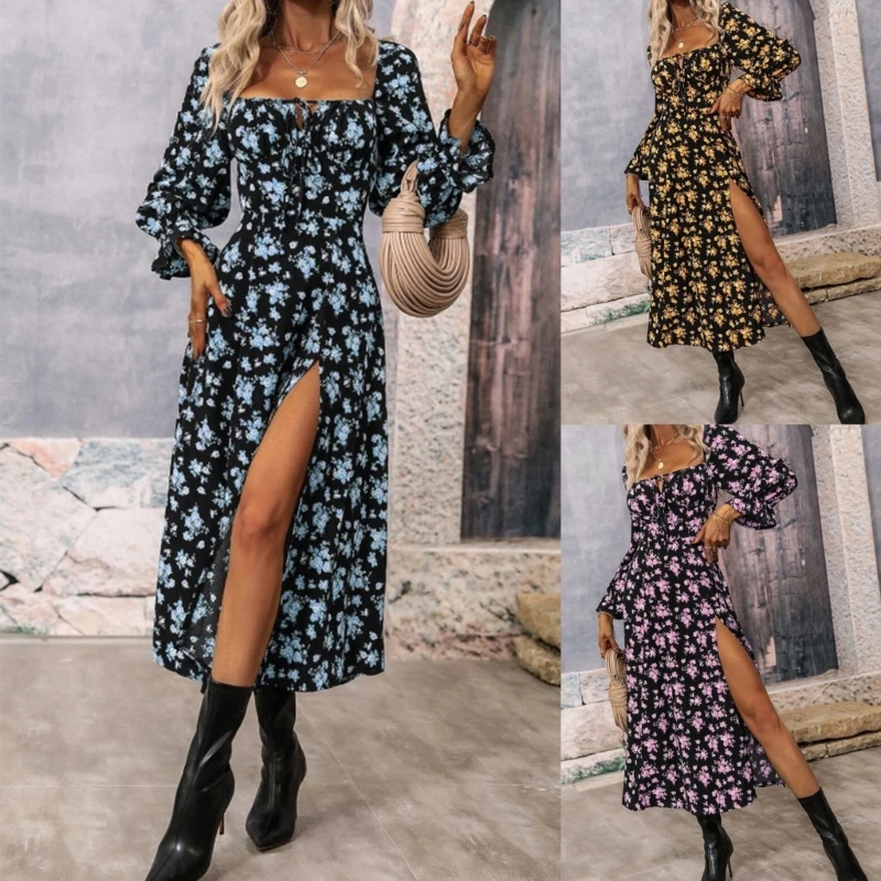 

Women Summer Floral Print Dresses Lacy Square Collar Long Sleeves Sexy Slit Fashion Bodycon Lace-up Top Long Dress Dropshipping