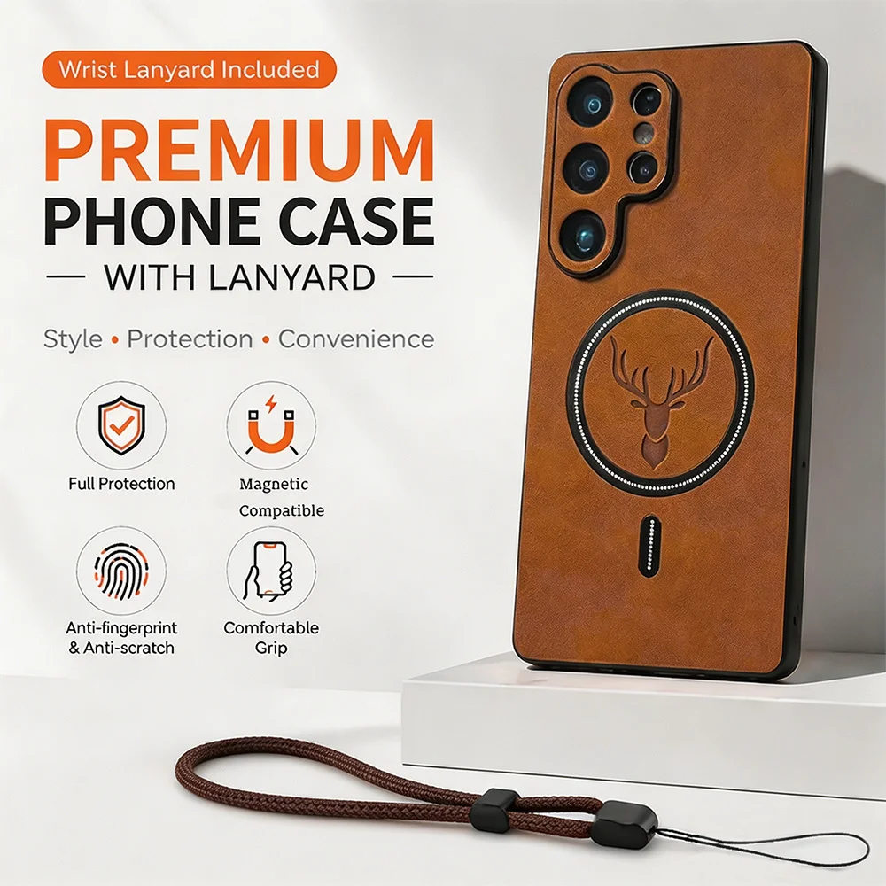 Luxury Leather Magnetic Wireless Charging Phone Case with Lanyard Cover