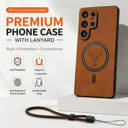 Luxury Leather Magnetic Wireless Charging Phone Case with Lanyard Cover - Galaxy S23 Ultra (Light brown)