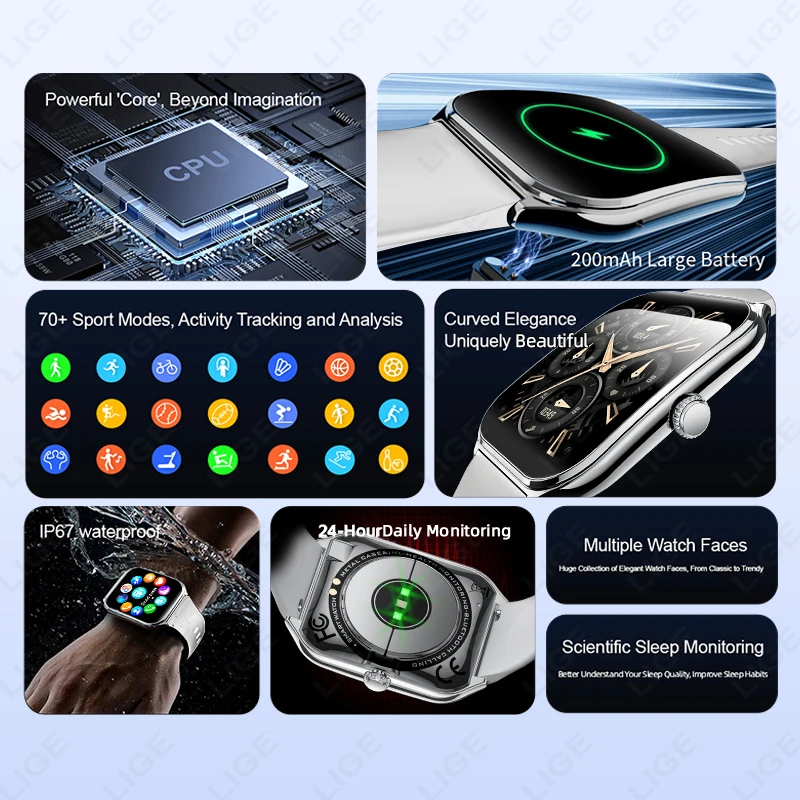 LIGE New Ultra Thin Smart Watch 1.96" AMOLED Always Show Time Men Make Answer Call Sports Fitness Smartwatch Ladies For Huawei