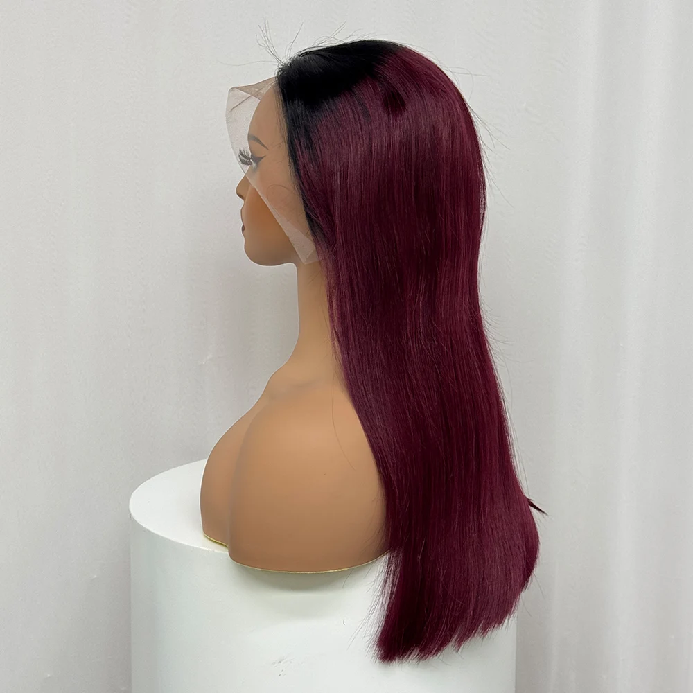 350% Density Double Drawn 12A Hair 13x4 Transparent Lace Front Human Hair Wig Ombre 99J Straight Human Frontal Wigs for Women