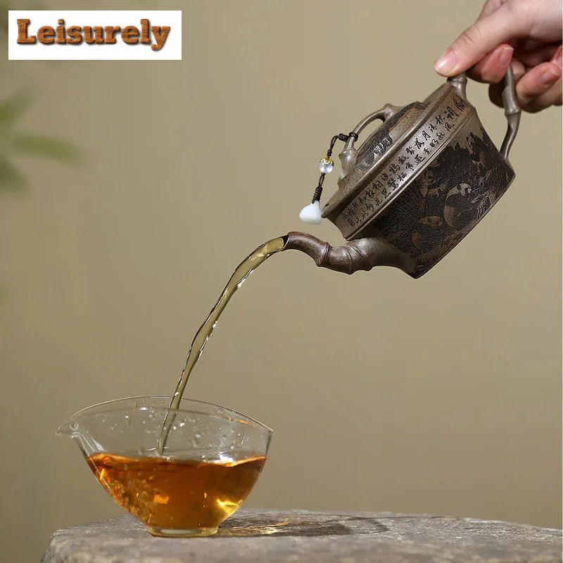 290ml High-end Yixing Purple Clay Teapots Handmade Panda Bamboo Pot Raw Ore Agilawood Mud Kettle With Infuser Zisha Tea Set Gift