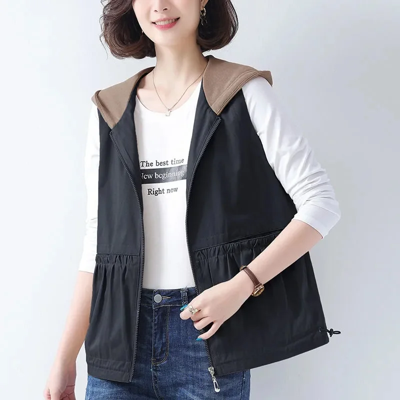 

Women Vest Jacket 2024New Spring Loose Hooded Cardigan Sleeveless Coat Thin Outerwear Large Size Short Waistcoat Female Tide Top