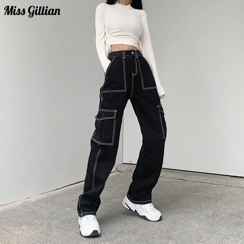 

Vintage Cargo Pants Women High Street Fashion Wide Leg Baggy Jeans Casual Sweatpants Fashion Cool Black Pocket Denim Trouser