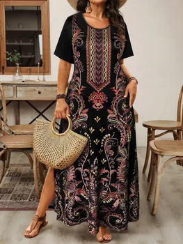 Plus Size Black Ethnic Paisley Print Maxi Dress, Summer Casual Round Neck Short Sleeve Loose Sundress