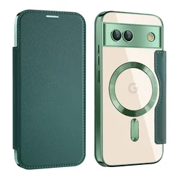 Luxurious Magnetic Leather Wallet Phone Case with Clear Card Clip & Plating Flip Cover - Pixel 7A (Dark Green)