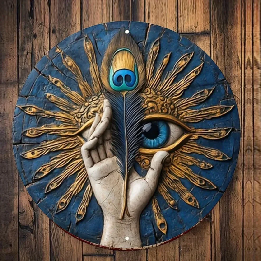 π Vintage Greek Evil Eye Wall Art β Blue & Gold Iron Tin Sign with Feather Detail 4