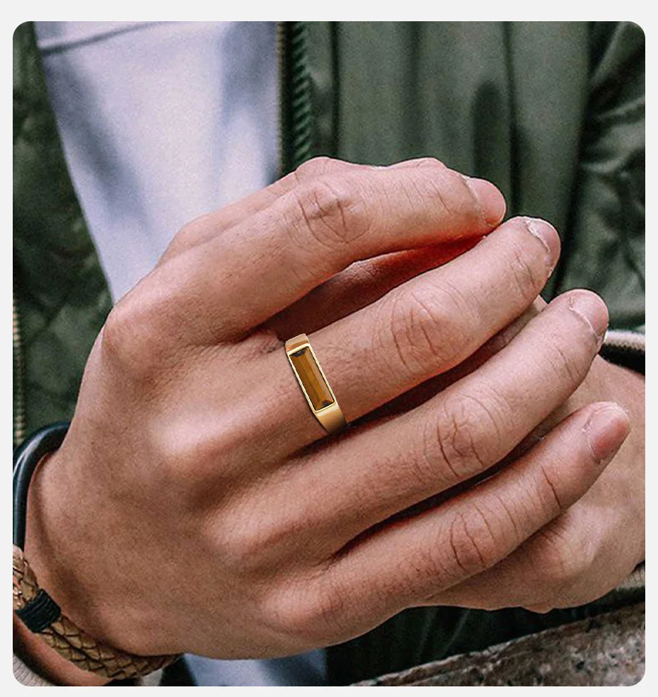 Vnox Naturstein-Siegelring für Männer und Frauen, Unisex-Fingerband aus vergoldetem Edelstahl, brüderer Ring als Geschenk – Detail 4
