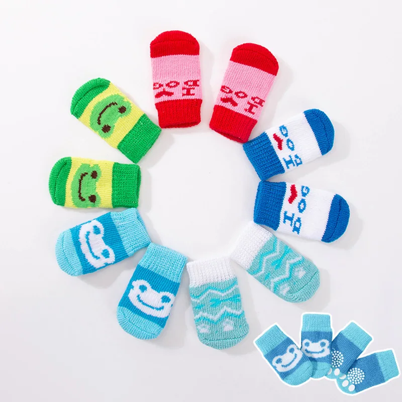 

4pcs/set Anti-Slip Pet Dog Socks Cute Warm Kitten Puppy Socks Small Dogs Cats Paw Protector Breathable Knitted Dog Socks Booties