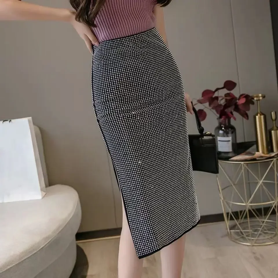 

Women Dress Solid Empire Fashion Diamonds Mid-Calf Elastic Tight Skirt Korean Sexy Lady Skirts for Women Euro-America Style