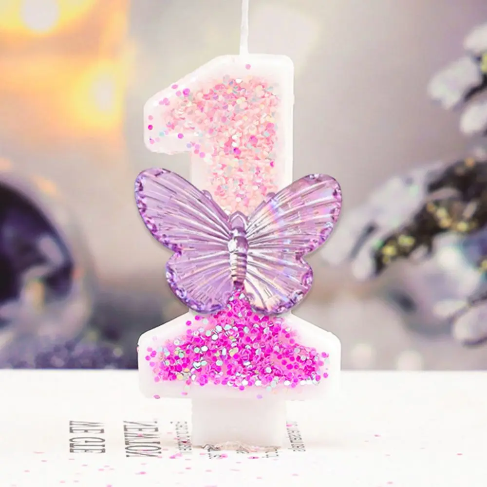 Description Picture 5 of itemPink Butterfly Digital Candle Happy Birthday Cake Topper Colours 3D Number Decor Candles Wedding Party Sparkling Digital Candle