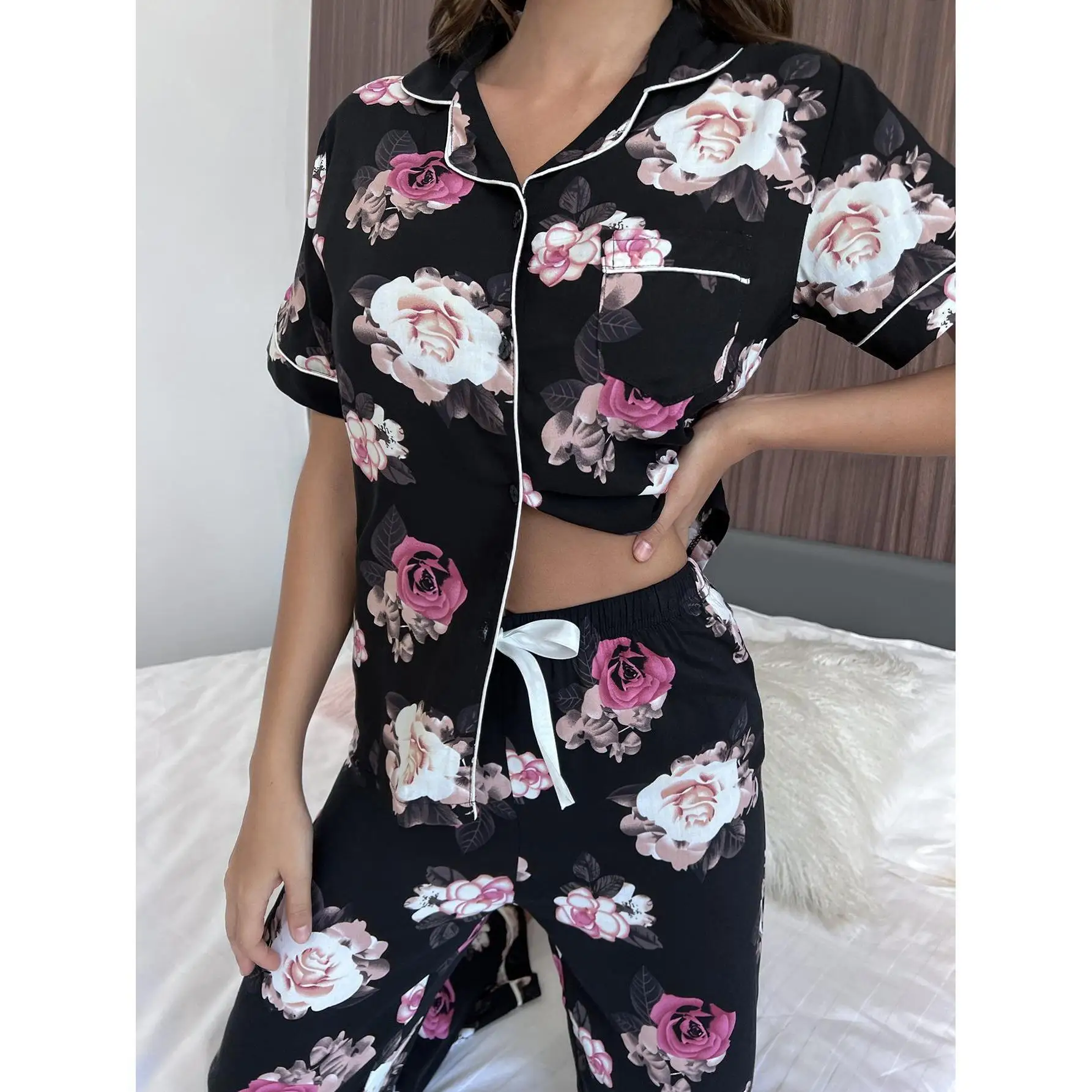 flower crop Pajama sets print women mujer conjuntos pijamas conjunto pyjama pijama femme ensembles feminino sleepwear pyjamas