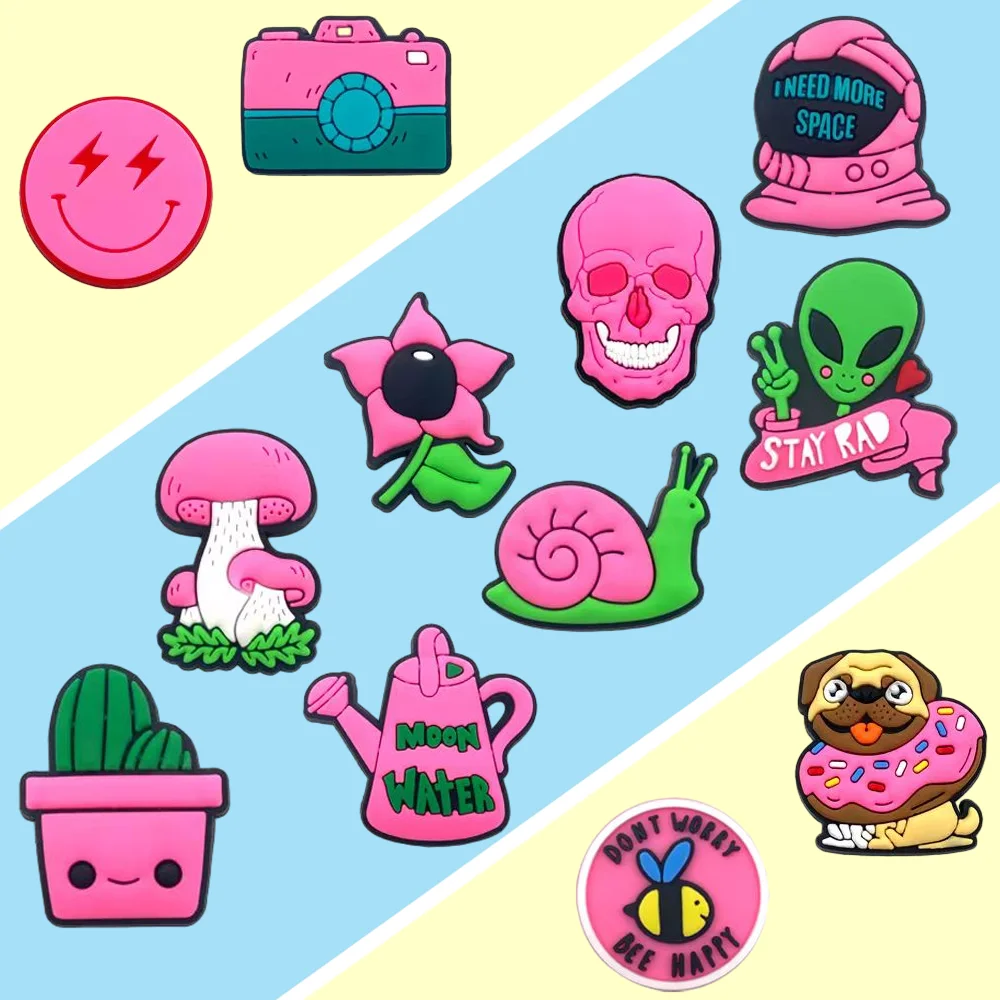 

12Pcs Smile Face Pink Dogs Plants Camera Skull Alien PVC Garden Shoe Charms Shoes Decorations Croc Jibz Charms Accessories Gifts