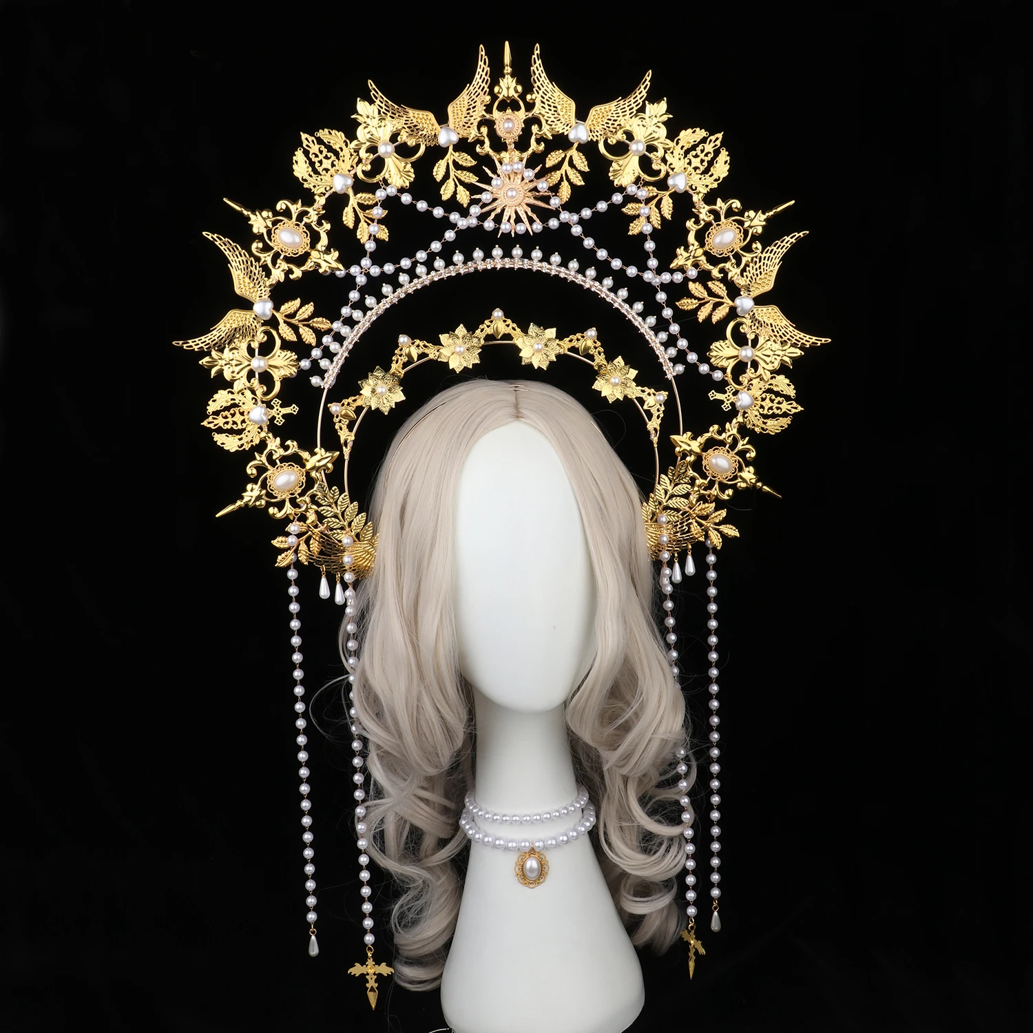 Sun Goddess Angel Halo Crown Headpiece Queen Anna Baroque Pearl Tiara Headband