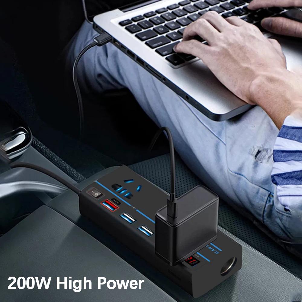 PD Type-C USB Chargers 3.0 200W Power Adapter Car Inverter DC 12V/24V to AC 110V/220V Converter Switch 8 Ports Sockets power adapter