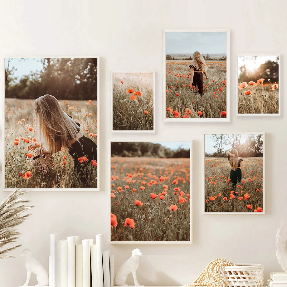 

Poppies Bloom Girl Flower Sea Natural Scenery Art Canvas Painting Nordic Posters And Prints Wall Pictures For Living Room Decor