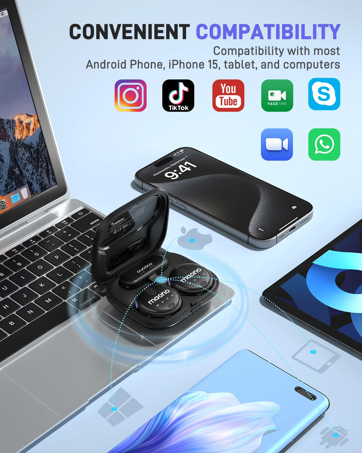 무선 USB C 옷깃 마이크 소음 감소, 실시간 모니터 마이크 게인, 틱톡 유튜브 브이로그 라이브 스트림 인터뷰, WM620