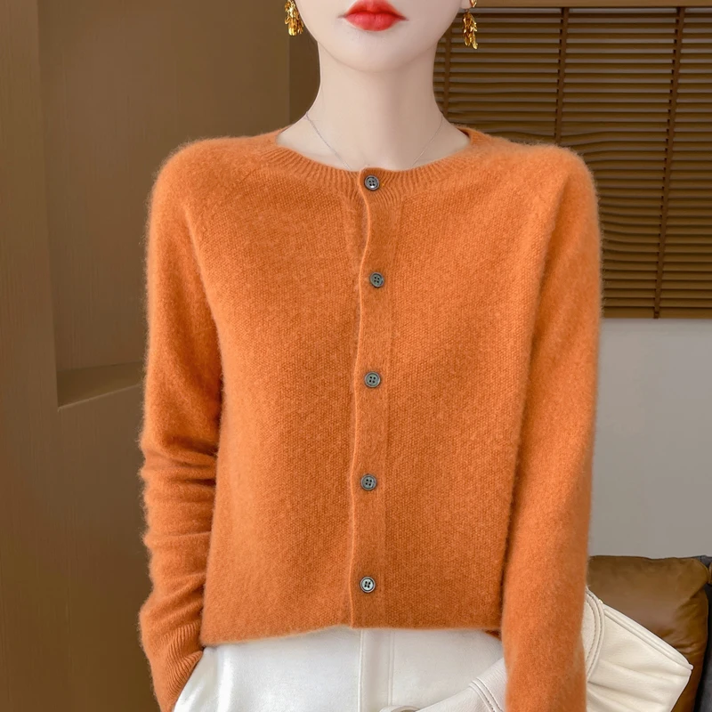 Fall/Winter 2024 new 100% Merino wool knitted round neck cardigan loose slim fashion solid color commuter sweater coat 2