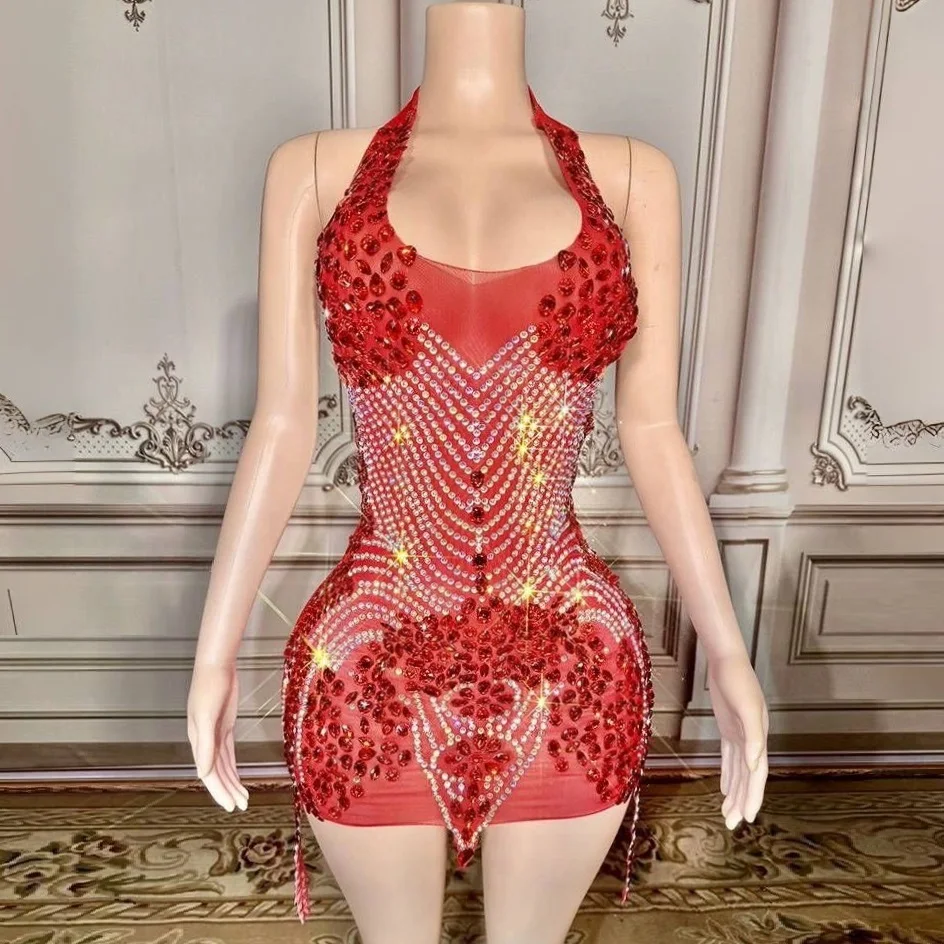 

Flashing Rhinestone Red Color Sexy Halter Backless Transparent Mini Dress Birthday Celebrate Costume Women Dancer Prom Outfit