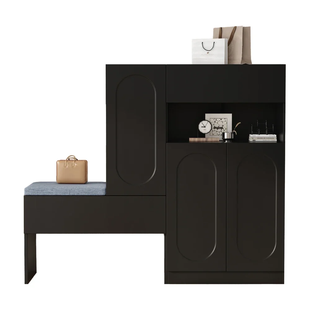 Schuhschrank mit gebogenen Türen, Klapptür mit Soft-Close-Funktion, höhenverstellbaren Fächern und gepolstertem Sitz – Detail 35
