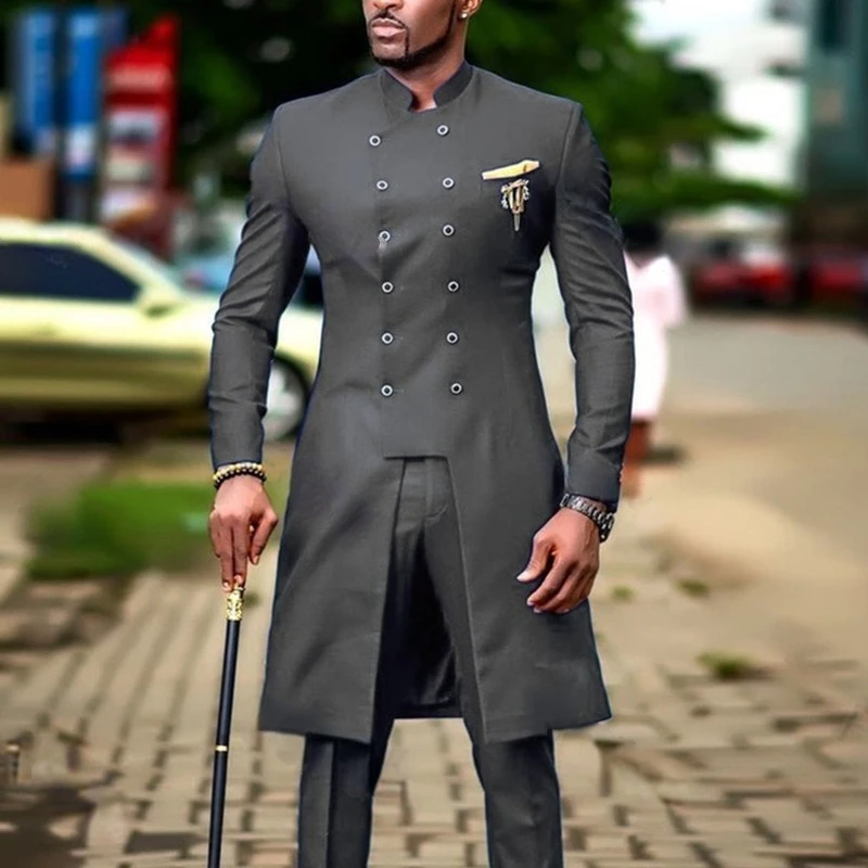

2022 Classic Dark Grey Men's Suit Slim Fit Wedding Suits for Men Groom Tuxedo African Wedding Double Breasted Best Man Blazer