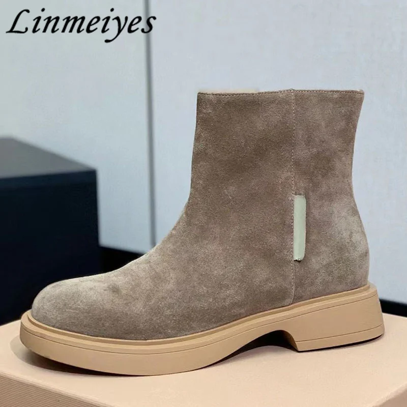 

High Quality Cow Suede Short Boots Woman Thick Sole Motorcycle Boots Flat Shoes Woman Classics Round Toe Chelsea Boots Woman