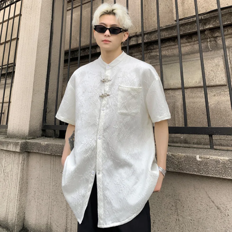 

Рубашка мужская с воротником-стойкой, жаккардовая однобортная Свободная блуза с длинным рукавом, в китайском стиле, лето 2024