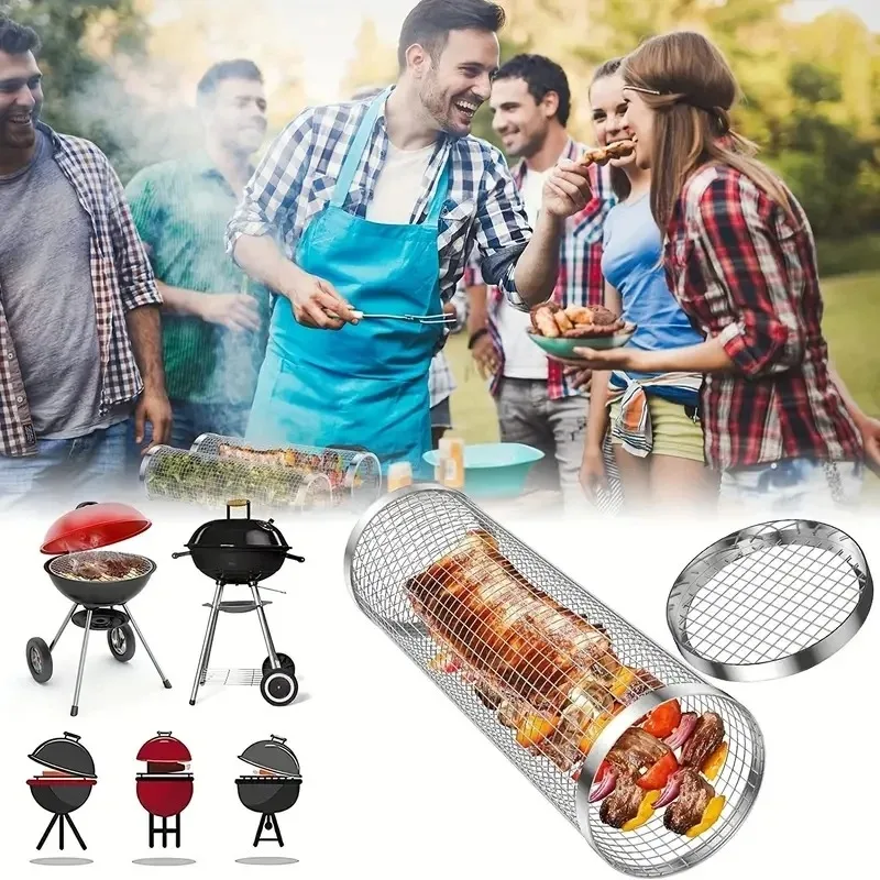 1PC Barbecue Grill Grate Barbecue Cages Camping Picnic Cookware Outdoor Round BBQ Campfire Grill Grid Rolling Basket
