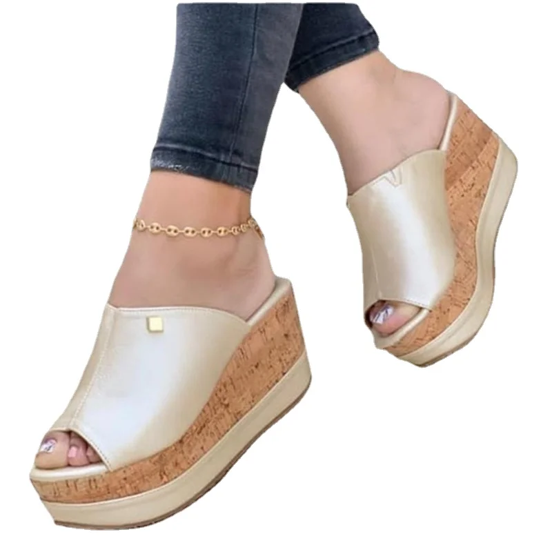 2023Slippers Summer Wedges Retro Fish Mouth Large Size Sandals Women High Heel Platform Solid Color Plus Size Shoes Sandalias