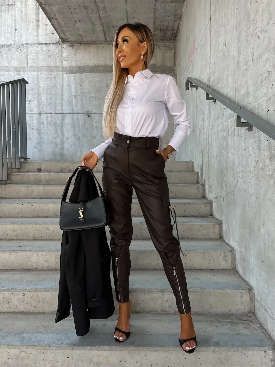 Chic Fashion Button PU Leather Pants Women Spring Bottoming Zip-up Split Trousers Autumn Pockets Slim Bandage Pencil Pants Mujer
