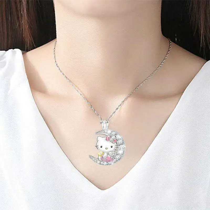 

Cute Sanrio Hello Kitty Moon Necklace Diamond Pendant Fashion Personality Girl Neckchain Kawaii Women Jewelry Accessories Gift