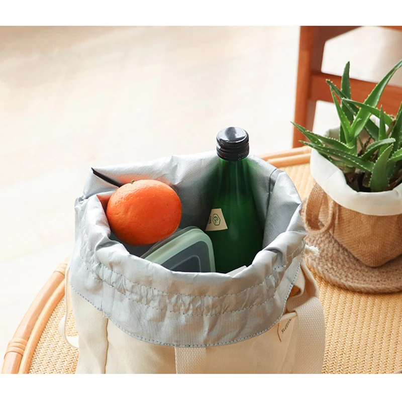 Lunchtasche aus Canvas mit Kordelzug, wiederverwendbare Lunchtasche, große, faltbare, tragbare, isolierte Handtasche, geeignet für Arbeit, Picknick oder Reisen. – Detail 7