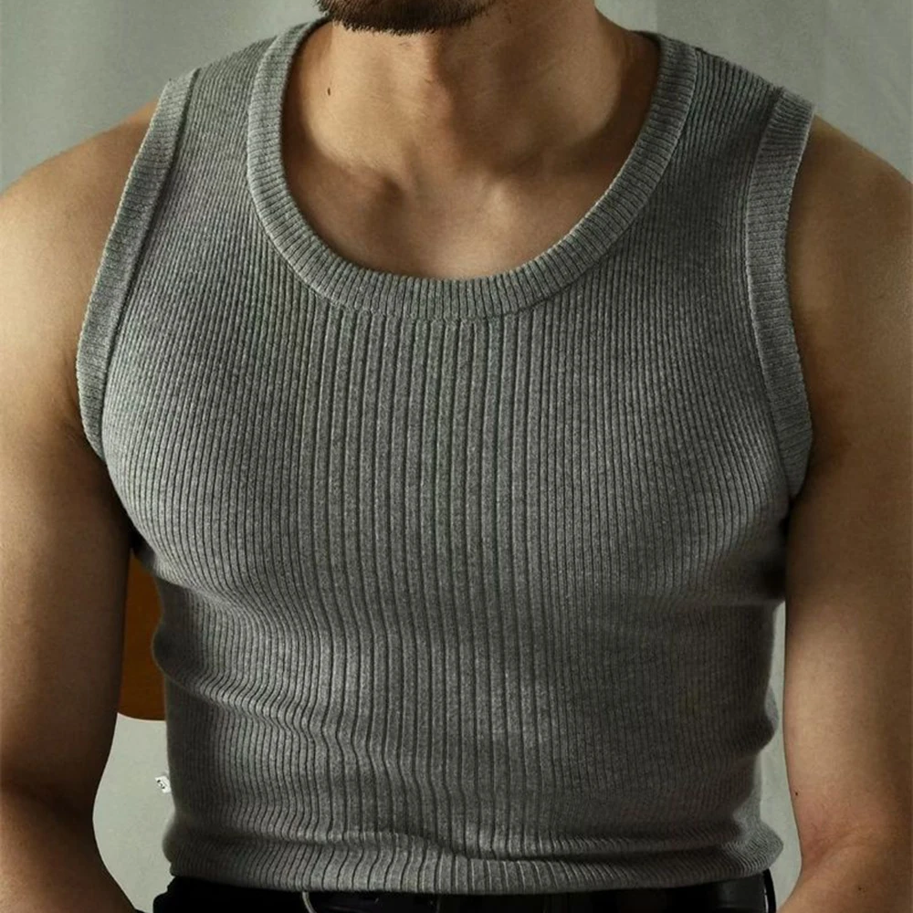 Summer Casual Solid Knitted Tank Tops Men Loose Crew Neck Sleeveless Vest  Fashion Mens Clothes Streetwear