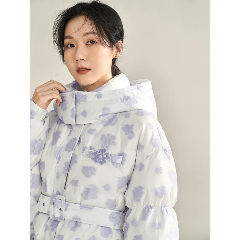 INMAN Women Hooded Down Jacket Winter Long Sleeve Loose White Duck Down Coat Flower Jacquard Adjustable Waistband Chic Outwear