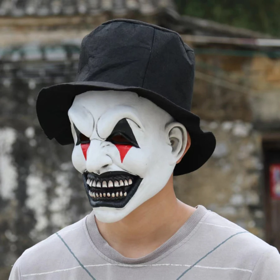 Cosplay Gruseliger Clown Droll Gruseliger Schrecklicher Mund Augen Schreckliche lustige Halloween-Maske mit Hutkappe Vollgesichts-Kostüm-Requisite für Party – Detail 8