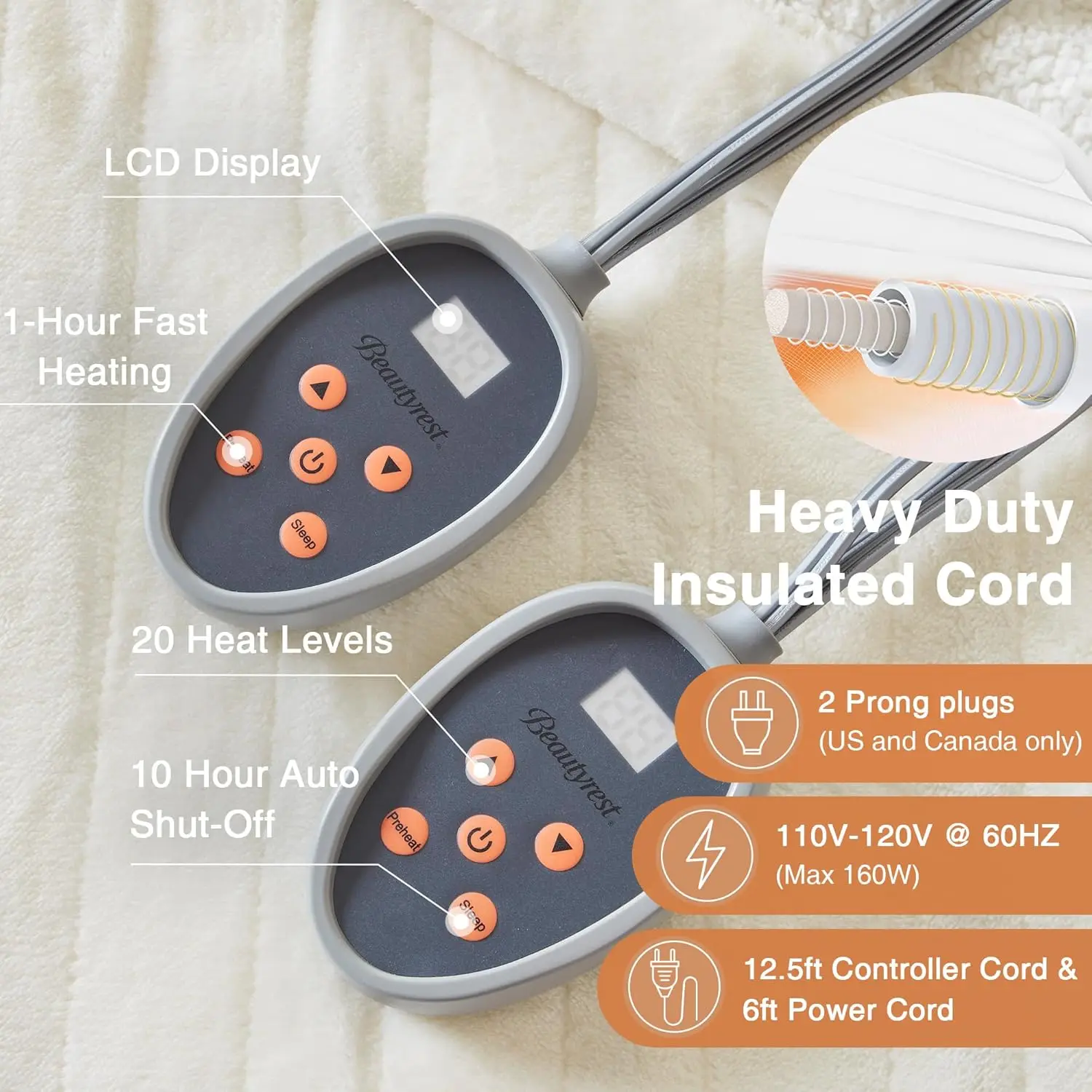 Heated Blanket, Electric Blanket, Soft, Warm, Reversible Plush - Sherpa Heating Blanket with 20 Heat Settings, 1-10 hrs Timer