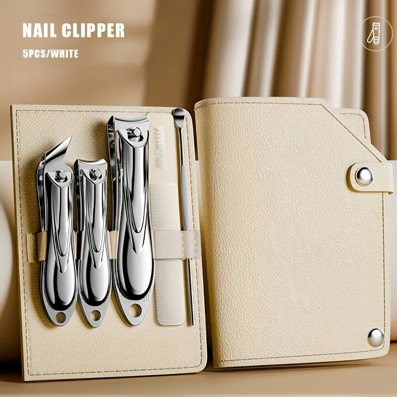 5-in-1 Professional Stainless Steel Nail Clipper Kit, Concave Blade Edge, Oblique Clippers, Nail File